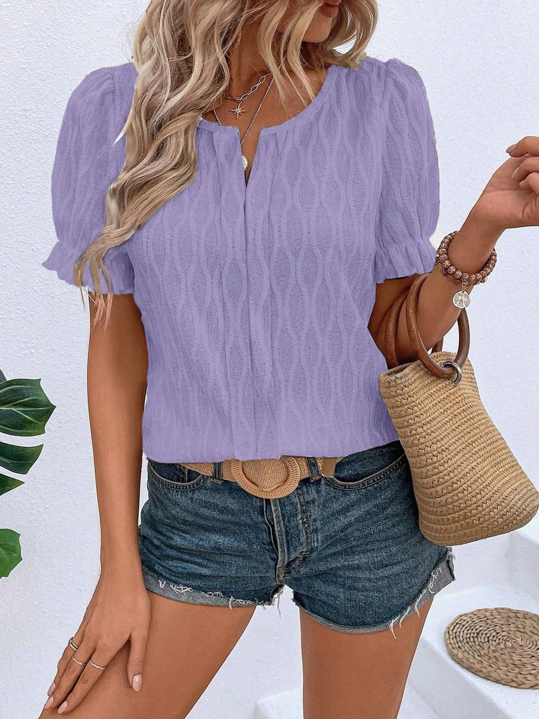 V-neck Bubble Short Sleeve Jacquard Loose Top