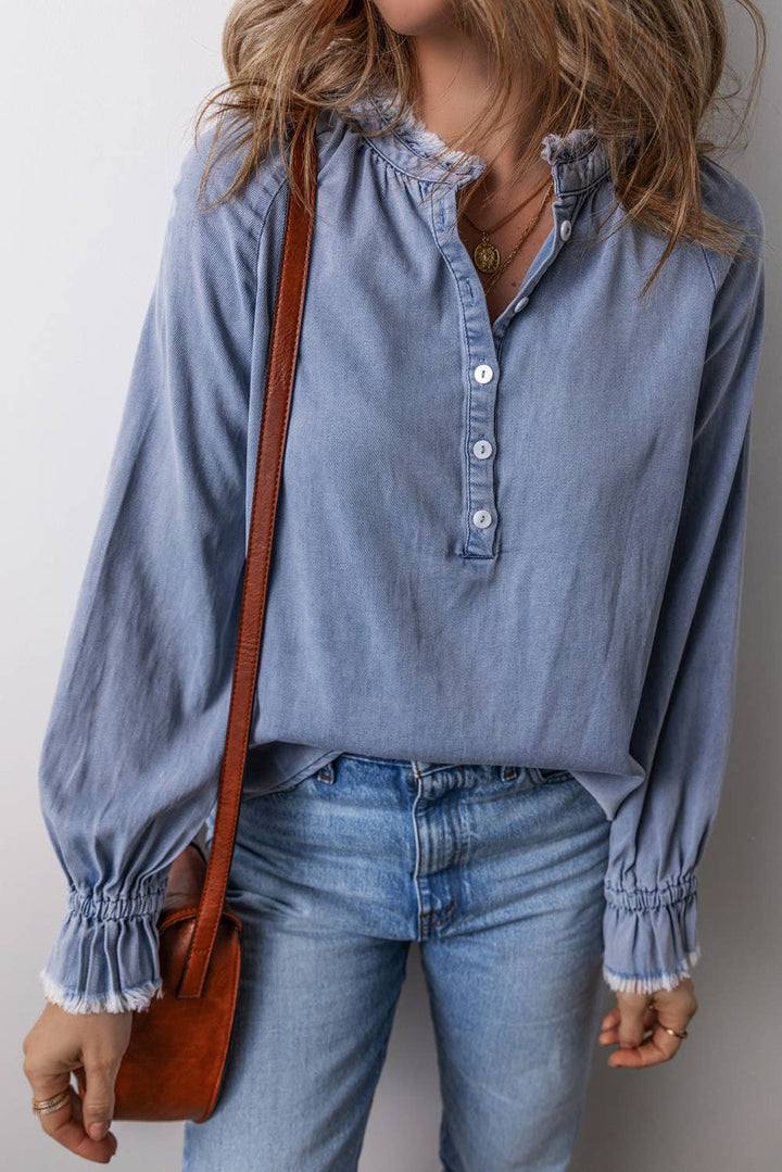 Frilled Raw Hem Half Buttoned Denim Top