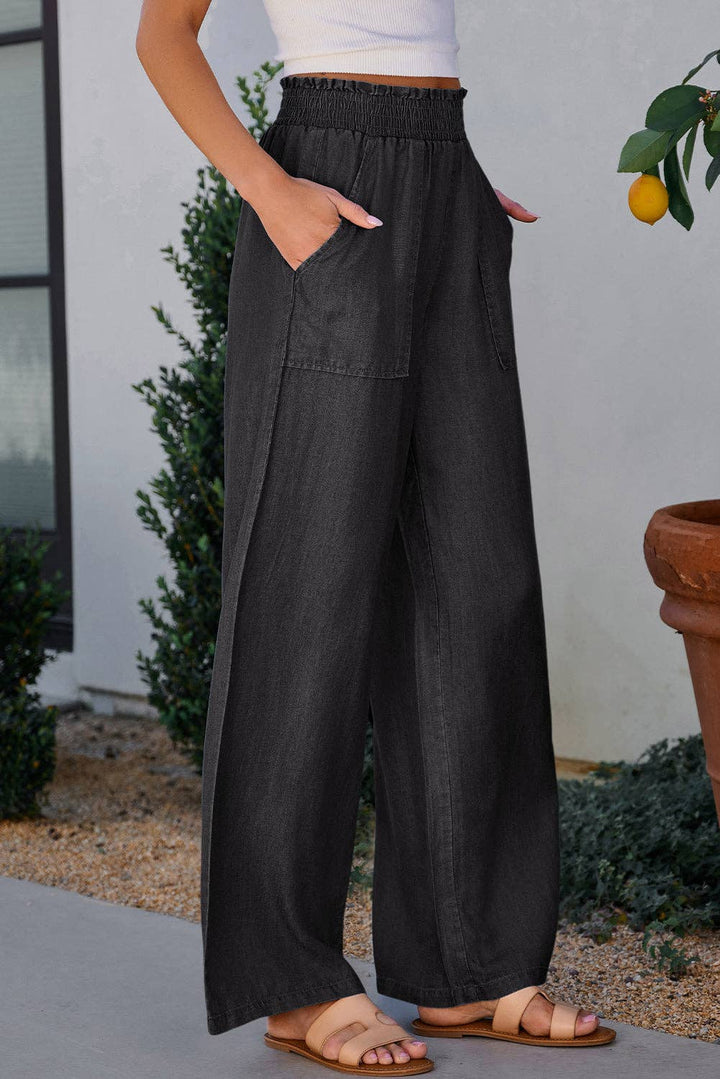 Frilled Smocked High Waist Wide Leg Pants w Pockets