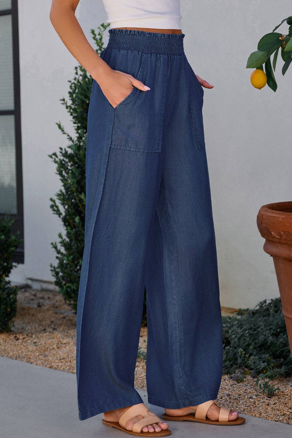 Frilled Smocked High Waist Wide Leg Pants w Pockets