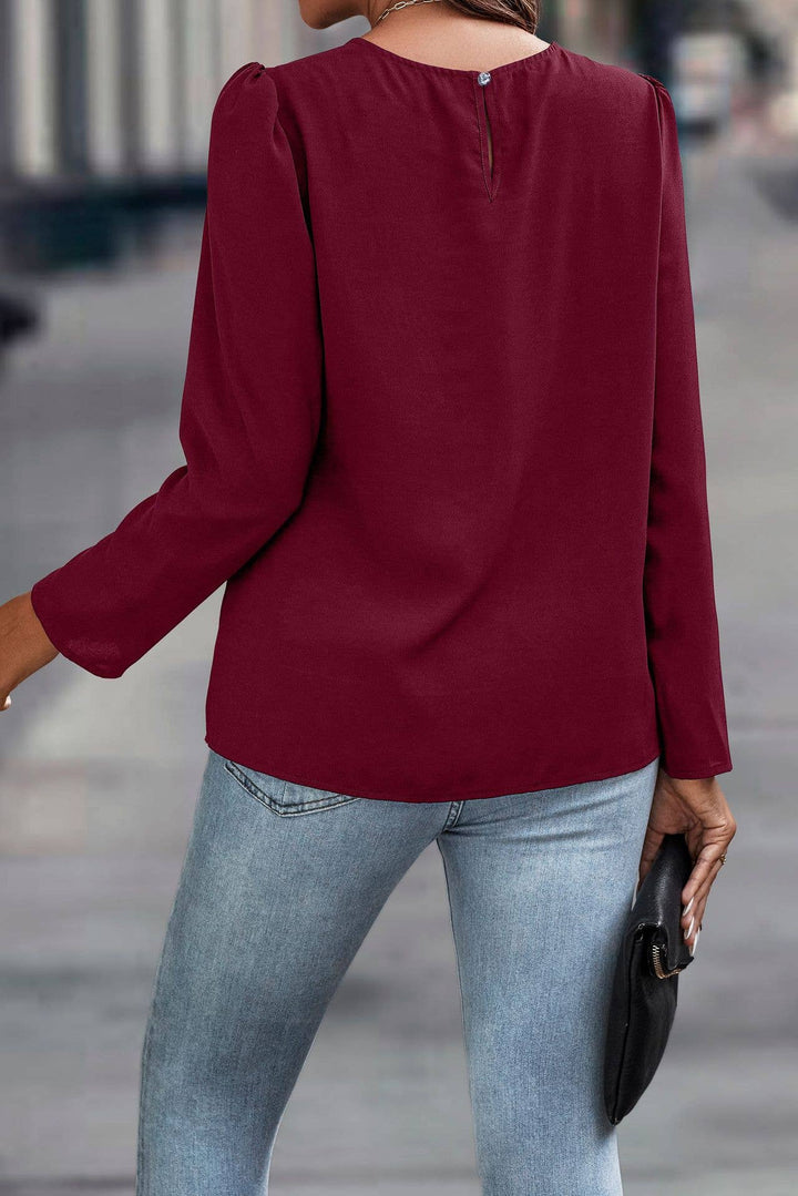 Pleated Puff Shoulder Long Sleeve Blouse