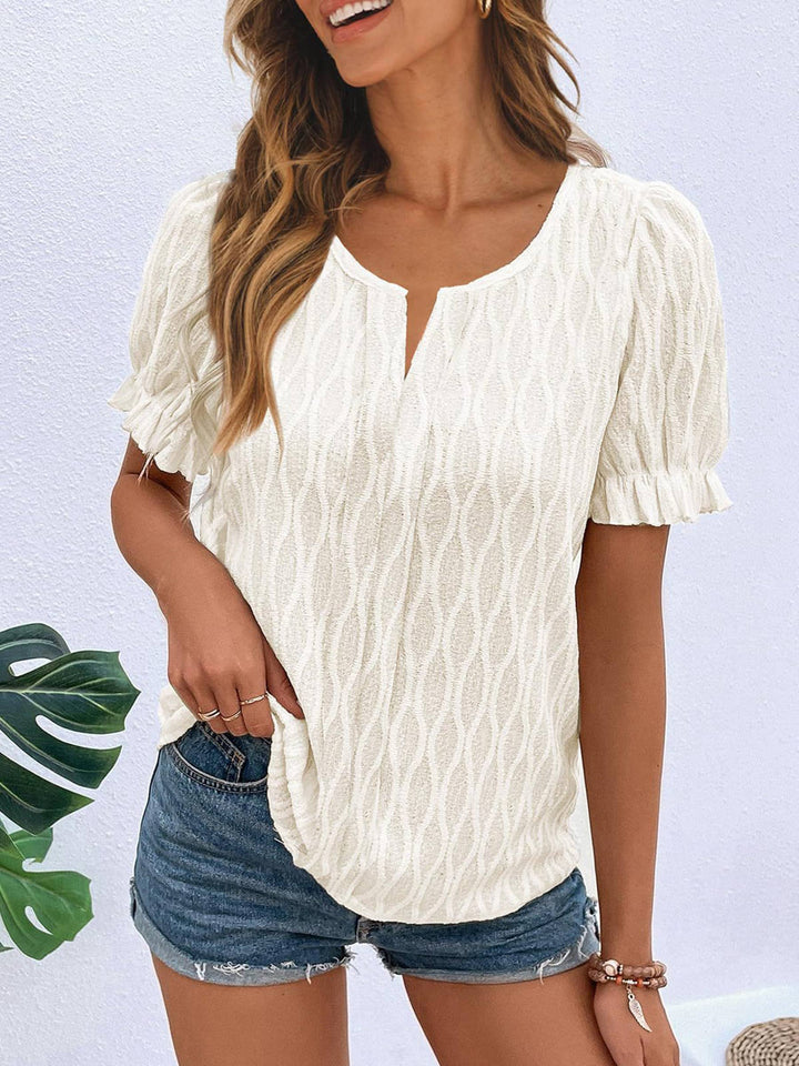 V-neck Bubble Short Sleeve Jacquard Loose Top