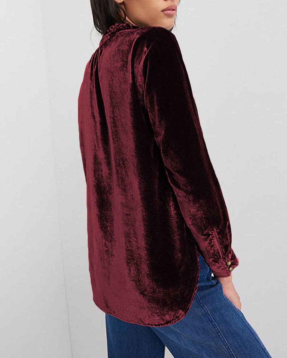 Frilled Neck Buttoned Front Velvet Top