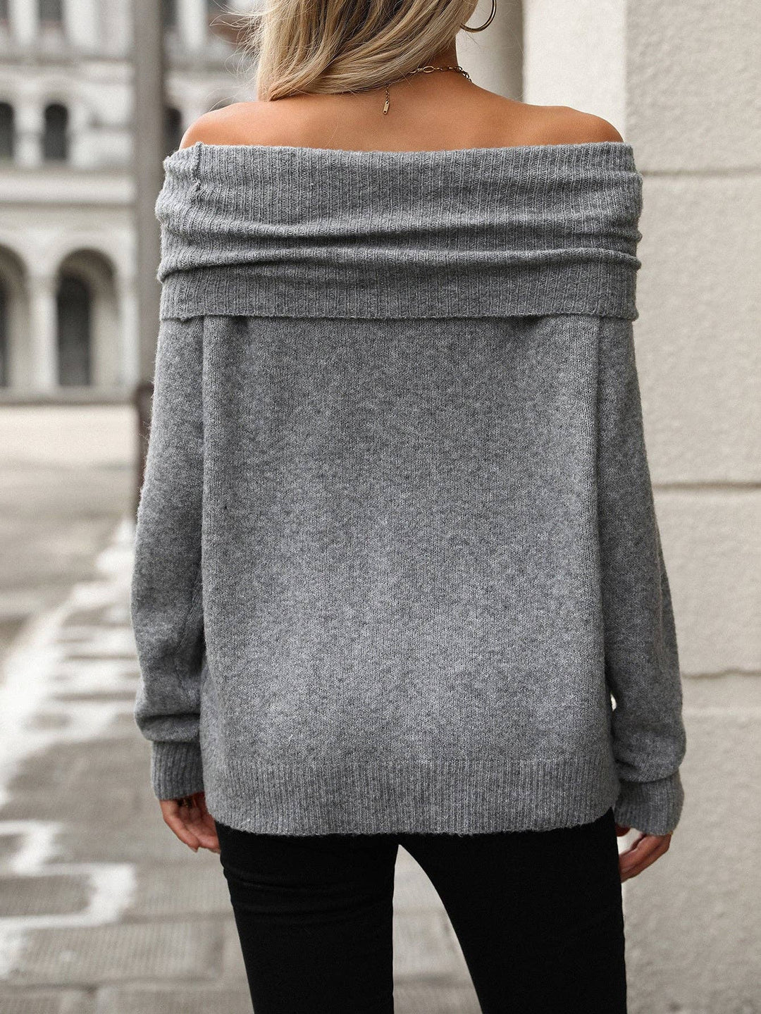 Pile Collar Solid Color Off-the-shoulder Knitted Sweater Long Sleeve