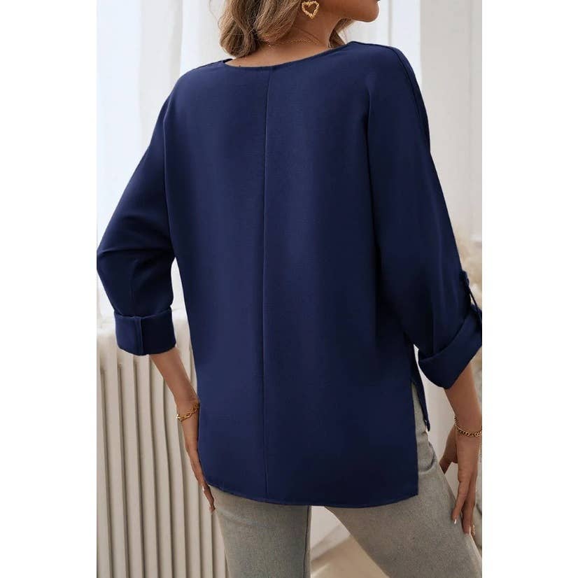 Deep V Neck Drop Shoulder Solid Loose Top