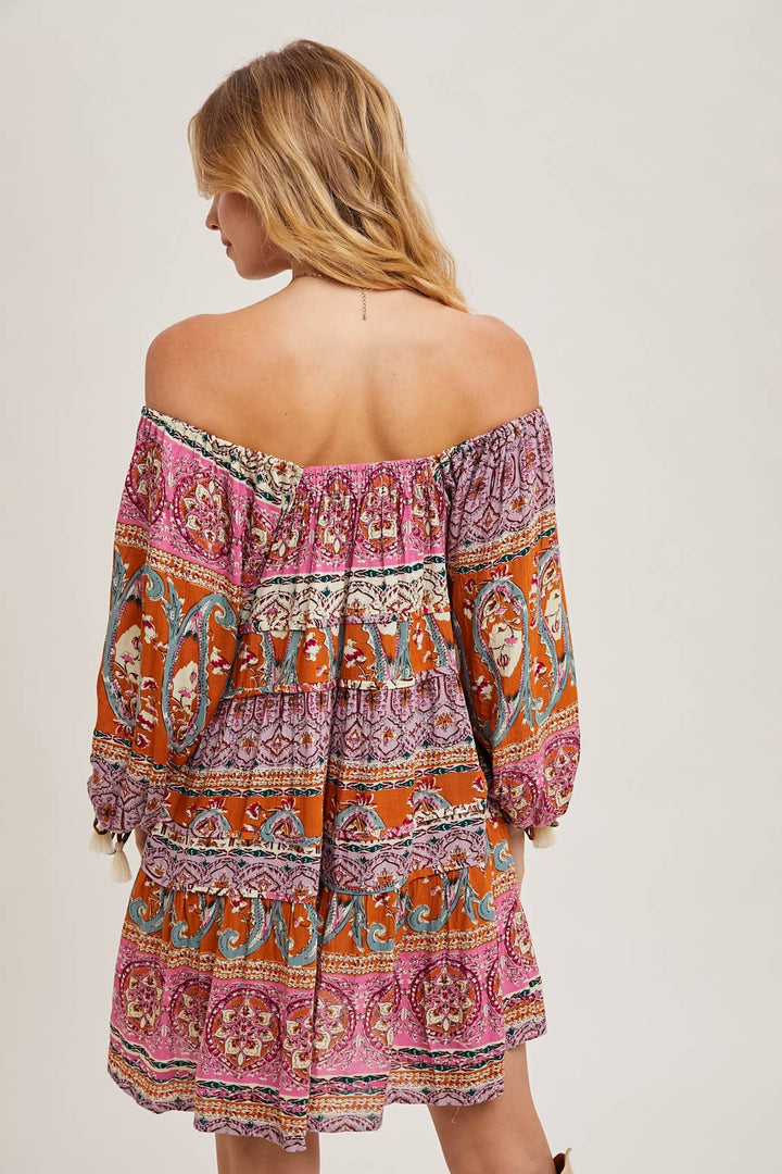 PAISLEY PRINT BOHO SQUARE NECK OFF THE SHOULDER DRESS