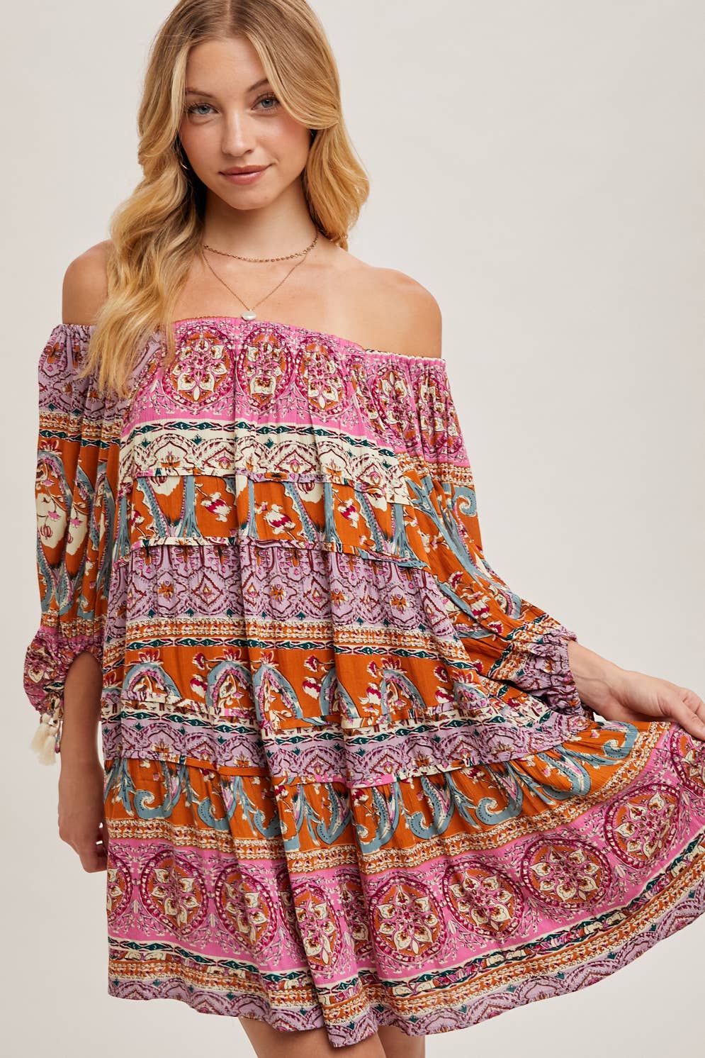 PAISLEY PRINT BOHO SQUARE NECK OFF THE SHOULDER DRESS