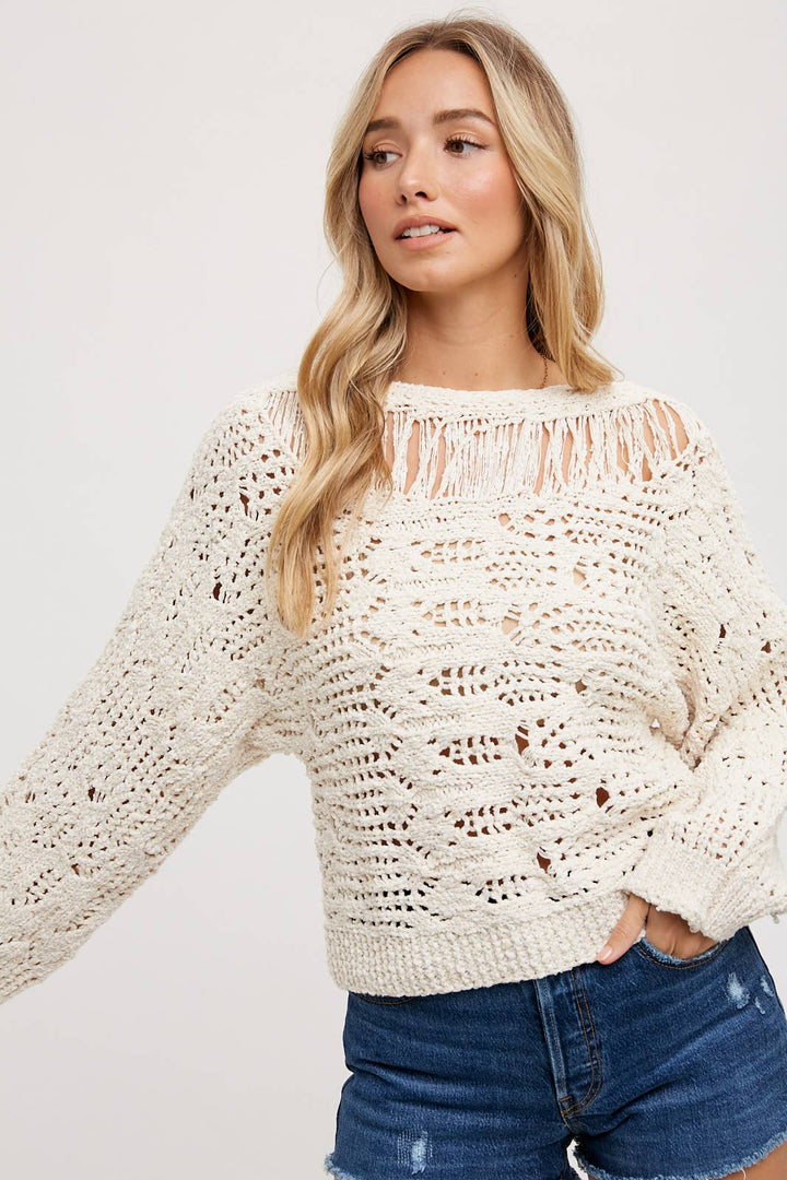 Open Knit Sweater Pullover - Boat Neck