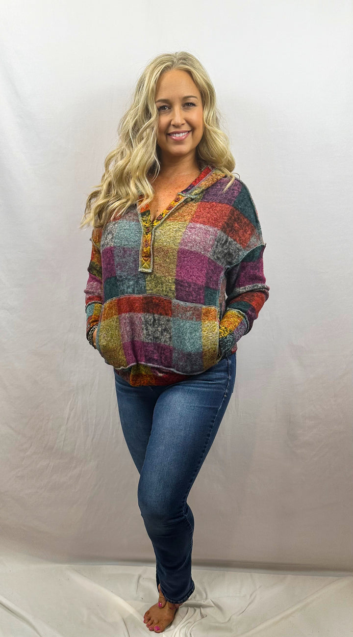 Fall Brushed Plaid Buttoned Pullover Oversized Hoodie