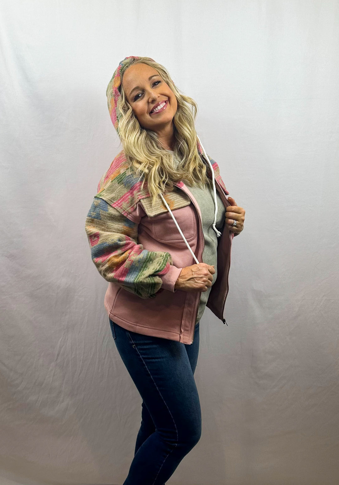 Light Pink Aztec Patch Drawstring Hooded Zip Up Jacket