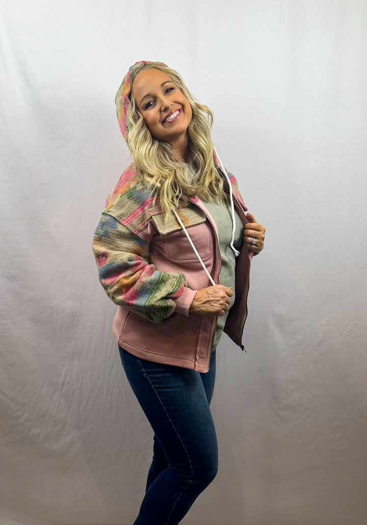 Light Pink Aztec Patch Drawstring Hooded Zip Up Jacket