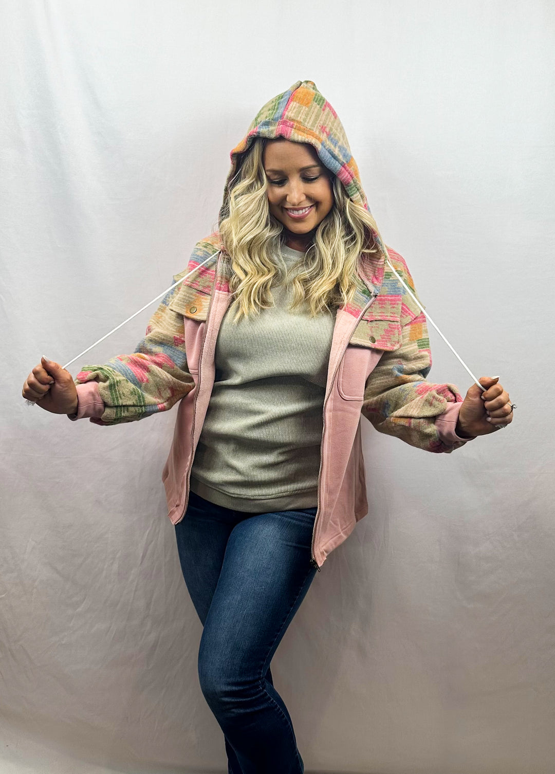 Light Pink Aztec Patch Drawstring Hooded Zip Up Jacket