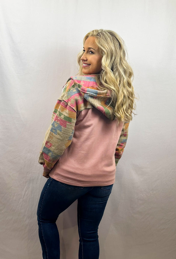 Light Pink Aztec Patch Drawstring Hooded Zip Up Jacket