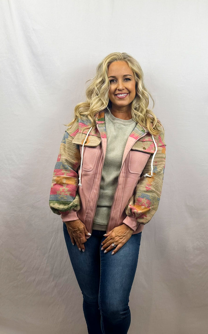 Light Pink Aztec Patch Drawstring Hooded Zip Up Jacket