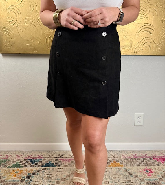 BLACK SUEDE FRONT BUTTON WRAP SKIRT