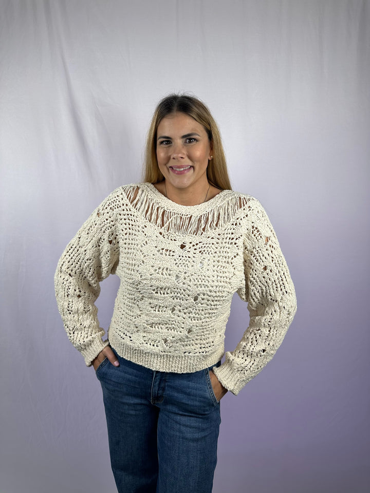 Open Knit Sweater Pullover - Boat Neck