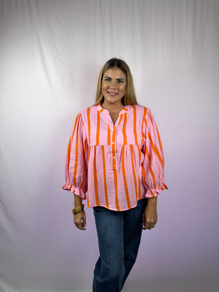 Stripe Crinckled Ruffled Sleeve Button up Loose Shirt