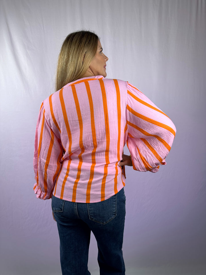 Stripe Crinckled Ruffled Sleeve Button up Loose Shirt