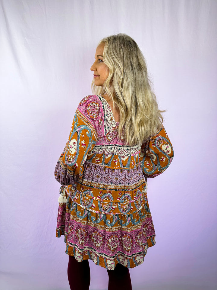 PAISLEY PRINT BOHO SQUARE NECK OFF THE SHOULDER DRESS