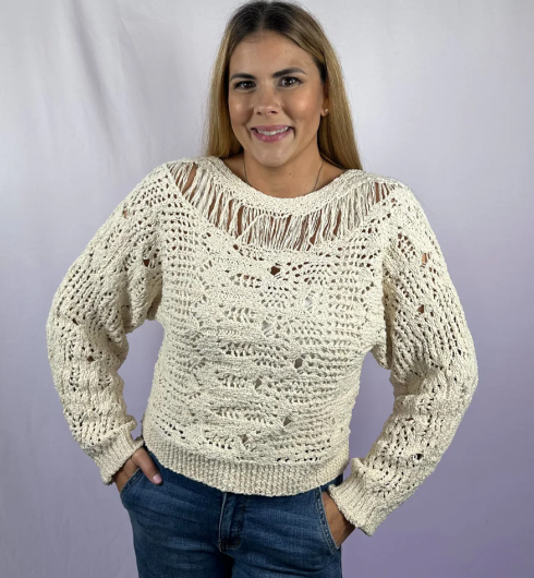 Open Knit Sweater Pullover - Boat Neck