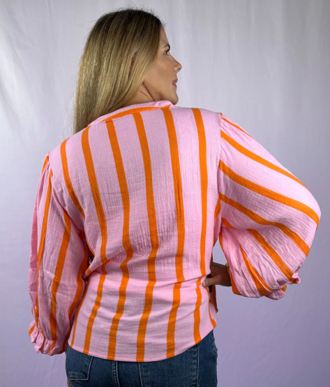 Stripe Crinckled Ruffled Sleeve Button up Loose Shirt