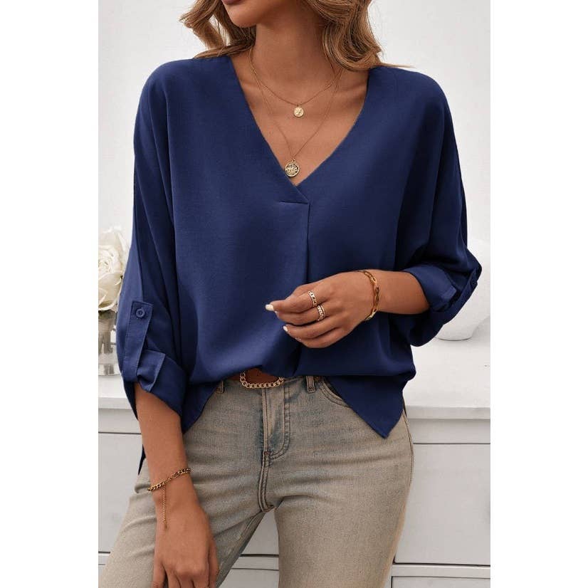 Deep V Neck Drop Shoulder Solid Loose Top