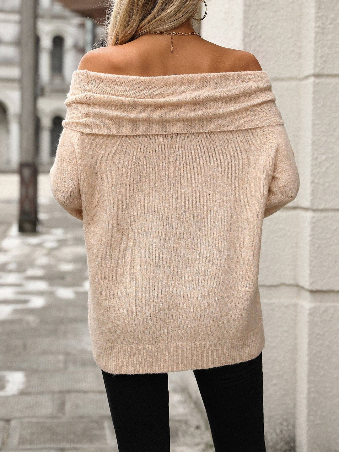 Pile Collar Solid Color Off-the-shoulder Knitted Sweater Long Sleeve