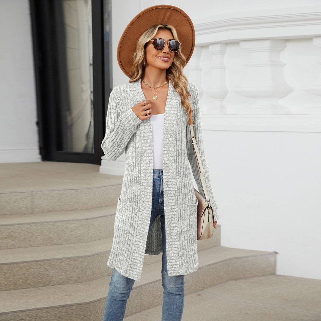 Long Solid Color Long-sleeved Loose Pocket Cardigan