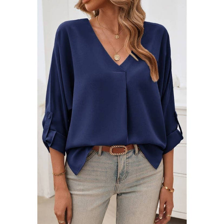 Deep V Neck Drop Shoulder Solid Loose Top