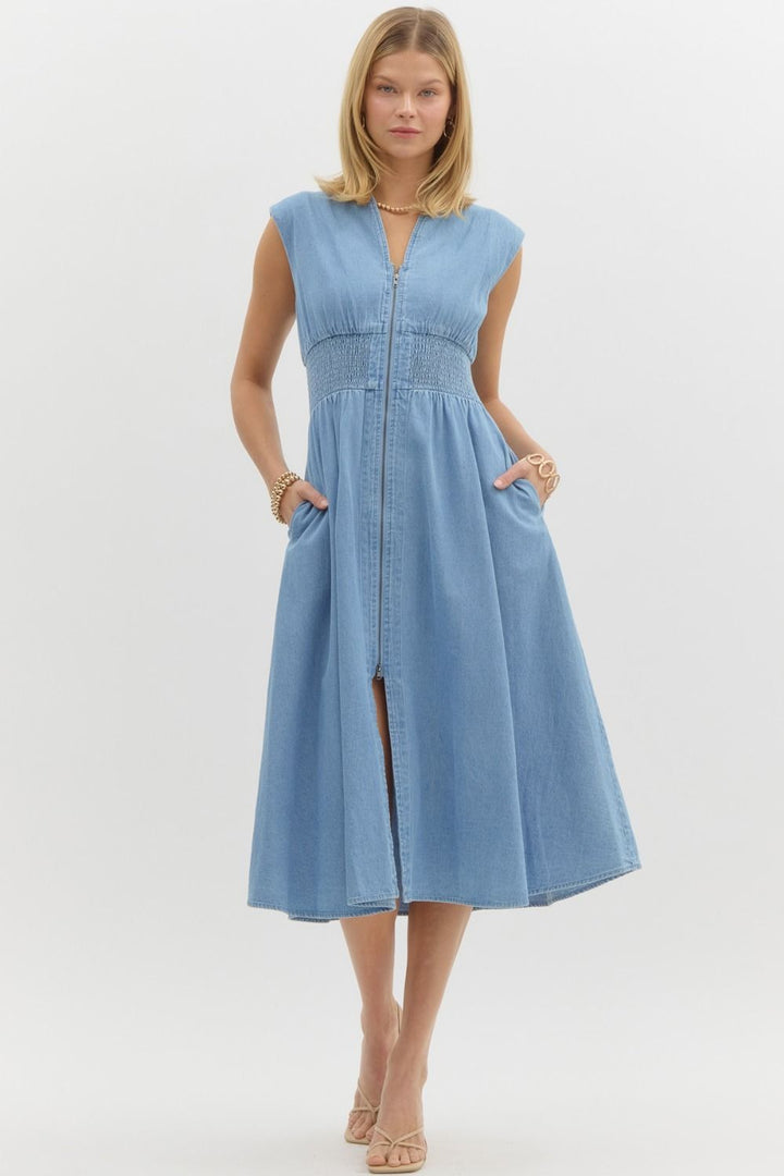DENIM SLEEVELESS MIDI DRESS