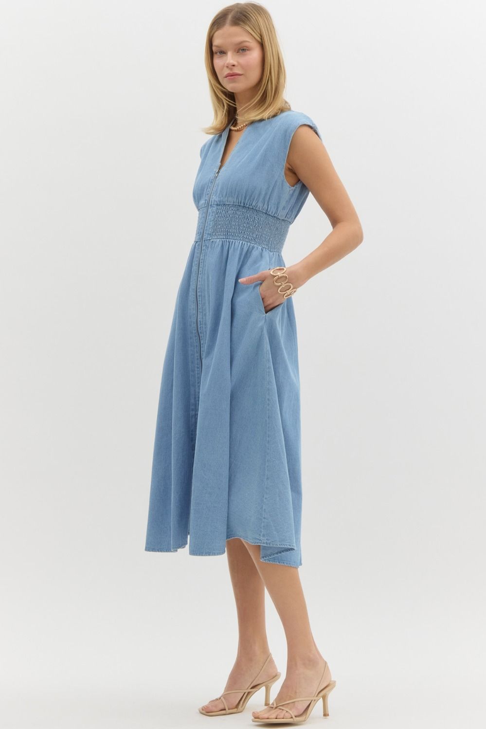DENIM SLEEVELESS MIDI DRESS