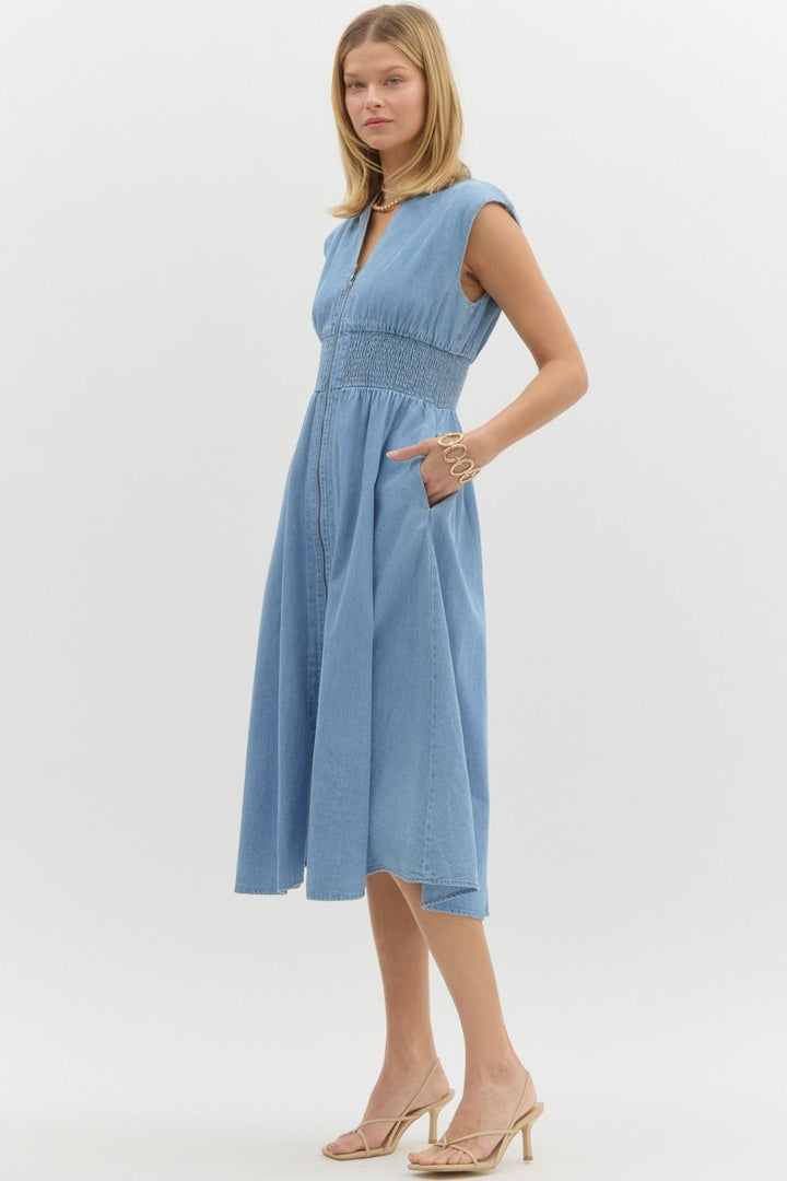 DENIM SLEEVELESS MIDI DRESS