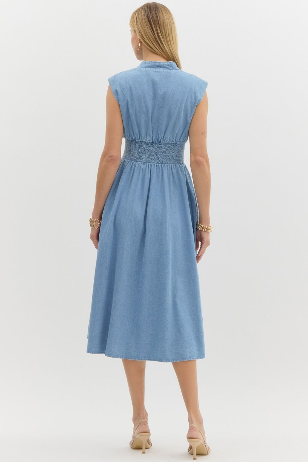 DENIM SLEEVELESS MIDI DRESS