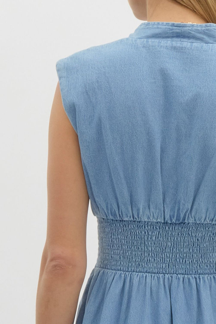 DENIM SLEEVELESS MIDI DRESS