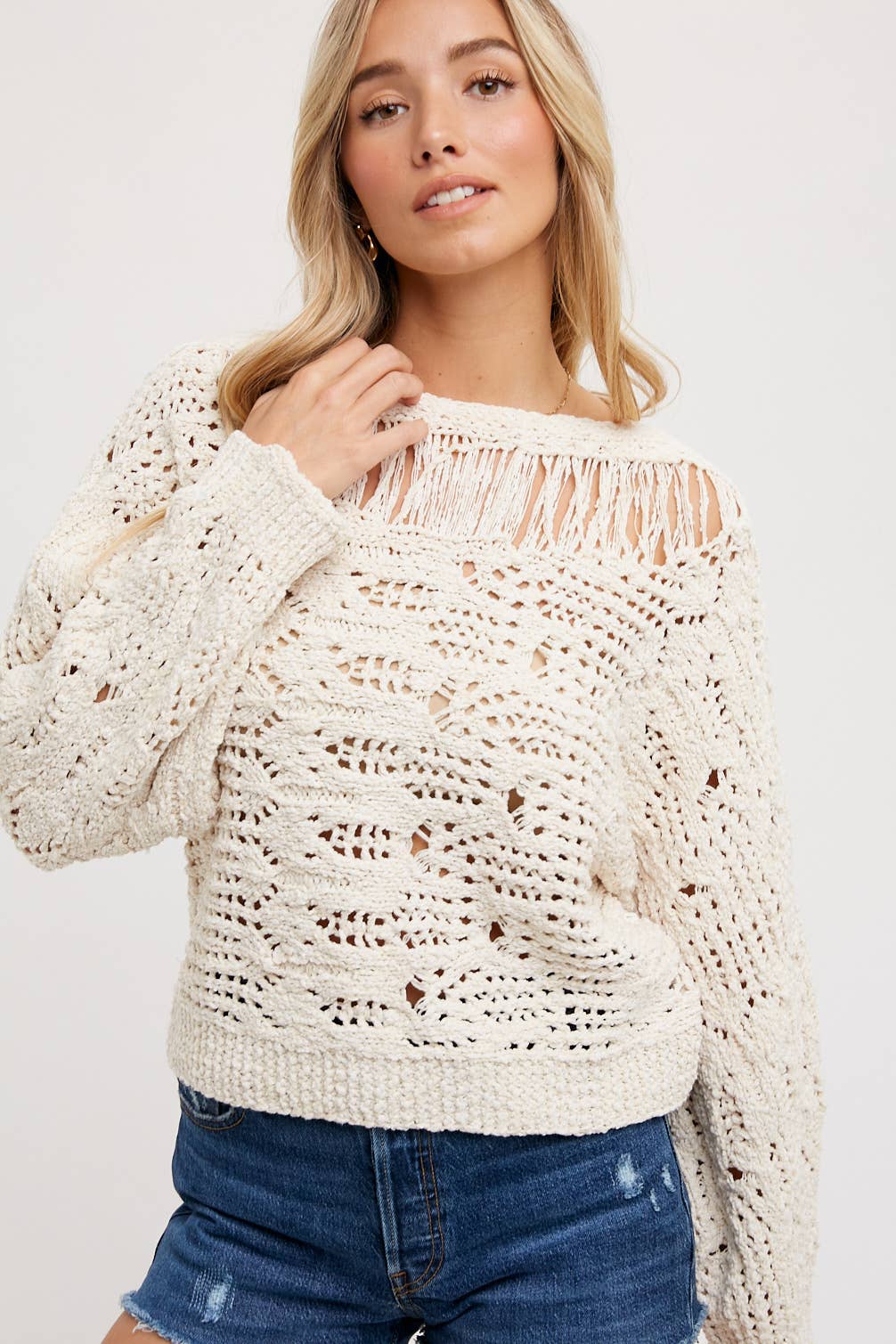 Open Knit Sweater Pullover - Boat Neck